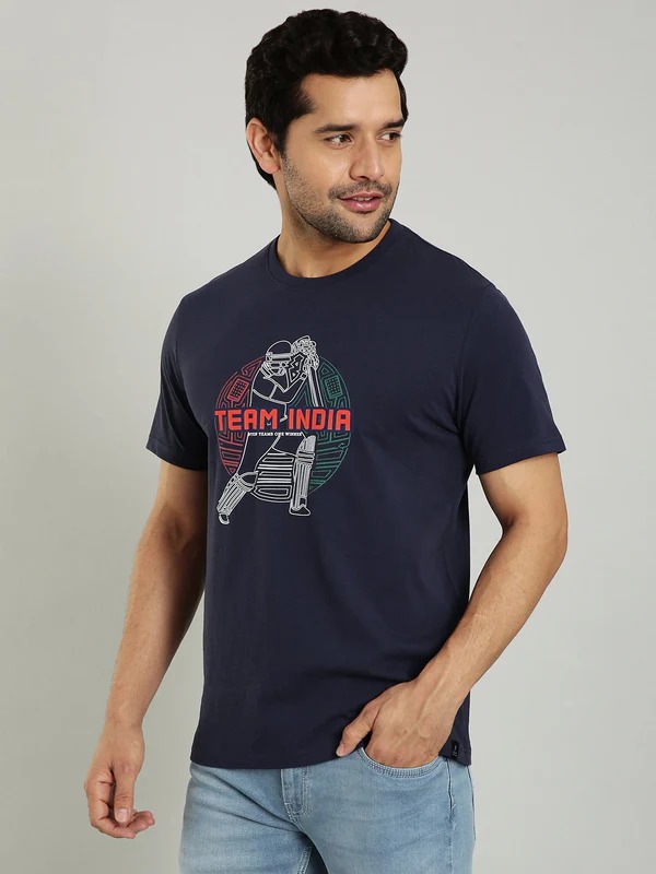 Indian Terrain Men's Half Sleeve Regular Fit Dark Blue Round Neck T-Shirt